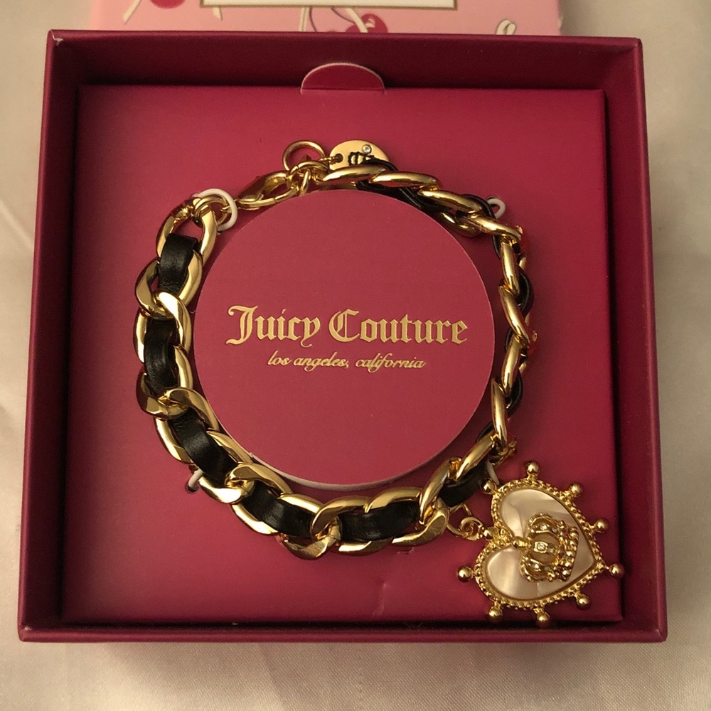 Juicy Couture Gold Tone & Woven Black Faux Leather MOP Heart Charm Bracelet NIB
